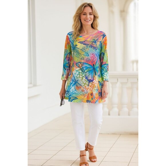 NWT Ali Miles  Tunic Top S Rainbow Butterfly  Artsy Colorful Boho Resort Wear - Picture 1 of 9